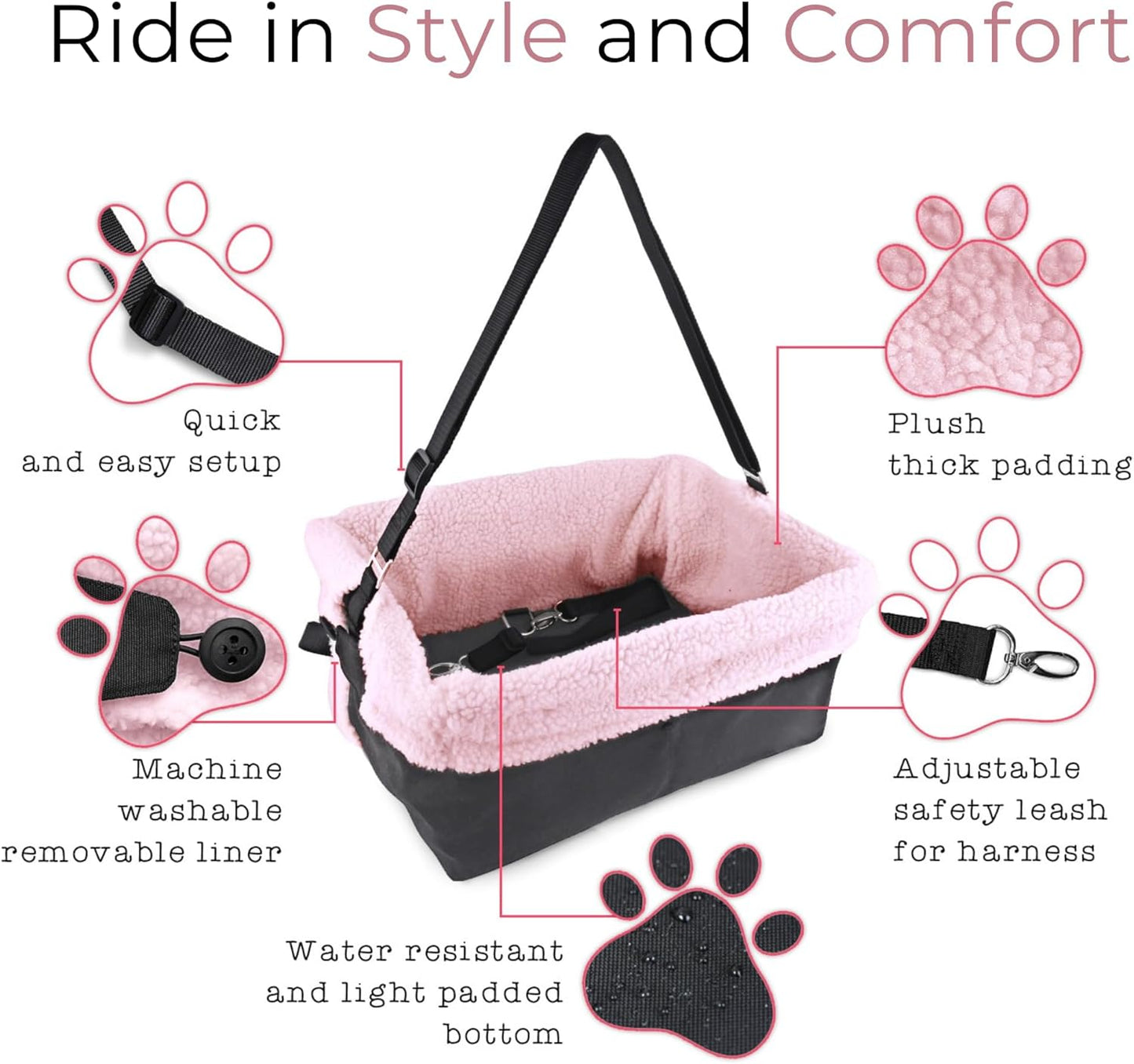 Dog Car Seat for Small Dogs - Grey Dog Booster Seat- Washable, Adjustable and Collapsible Pet Travel Carrier Bed- Includes Safety Seat Belt Tether for Small Dogs, Puppies and Pets up to 18 Lbs